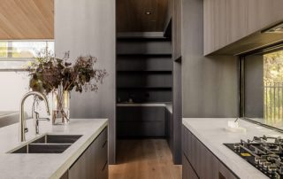 Seamless Integration and Streamlined Design | Modern Kitchen Modern kitchen with a custom island featuring integrated appliances, a bespoke walk-in pantry with stone countertops, and perimeter joinery with integrated appliances and overhead storage.