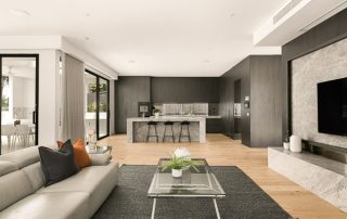 Contemporary Home: Bespoke Cabinetry and High-End Cellar Wide shot of a contemporary kitchen featuring floor-to-ceiling cabinets, an integrated wall oven, a wine cellar with glass door, and large island with seating.