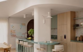 Hampton Residence – Kitchen Contemporary kitchen featuring custom joinery in soft maple finish, marble island and a bright dining area.